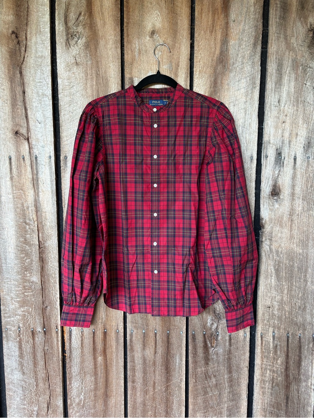 Polo Ralph Lauren Women’s 8 Tartan Plaid Puff Sleeve Button Shirt Red Cotton - Picture 2 of 8